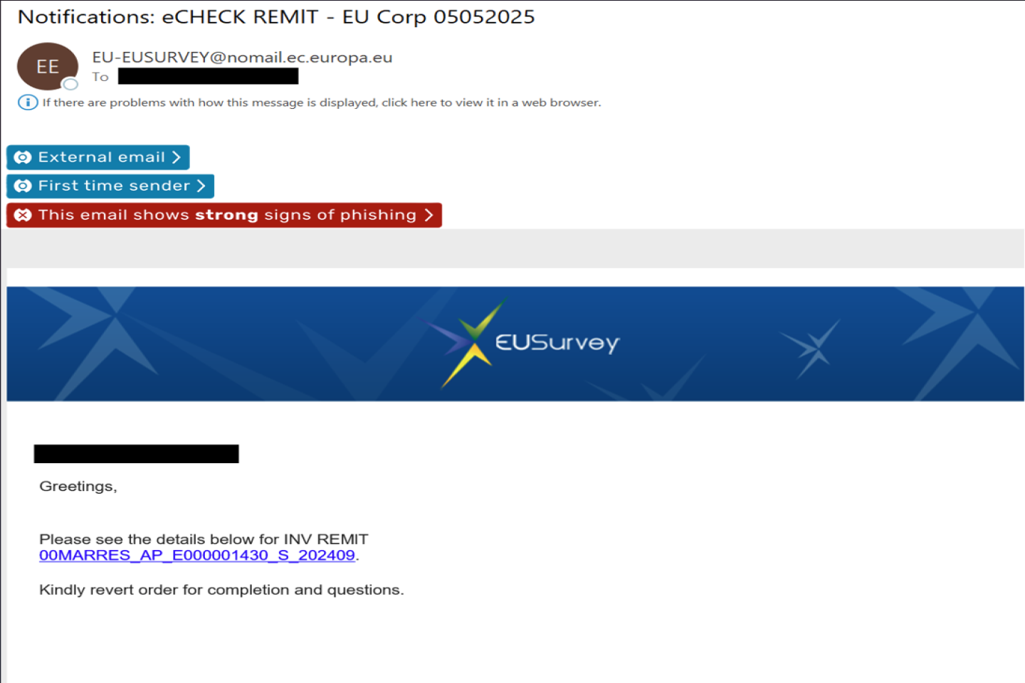 Screenshot van de phishing-e-mail met de schadelijke, unieke URL