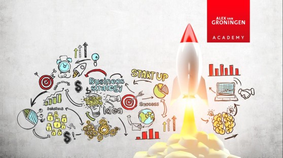 raket die lucht inschiet met achtergrond icons start up