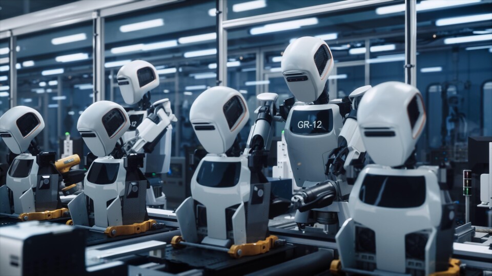 Een heleboel robots in een fabriek.