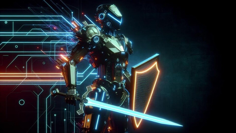 Futuristische robot met zwaard en schild, neonlichten en digitale lijnen op donkere achtergrond
