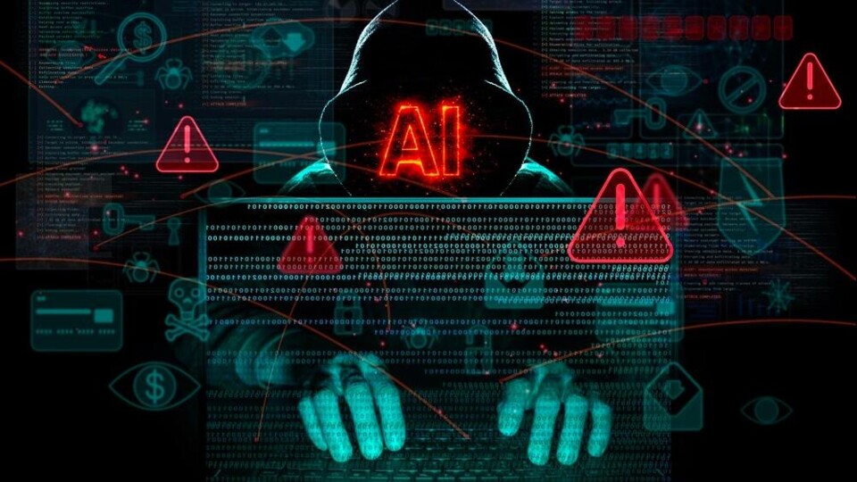 Hacker met hoodie typt op laptop met rode waarschuwingssymbolen en AI-tekst op scherm.