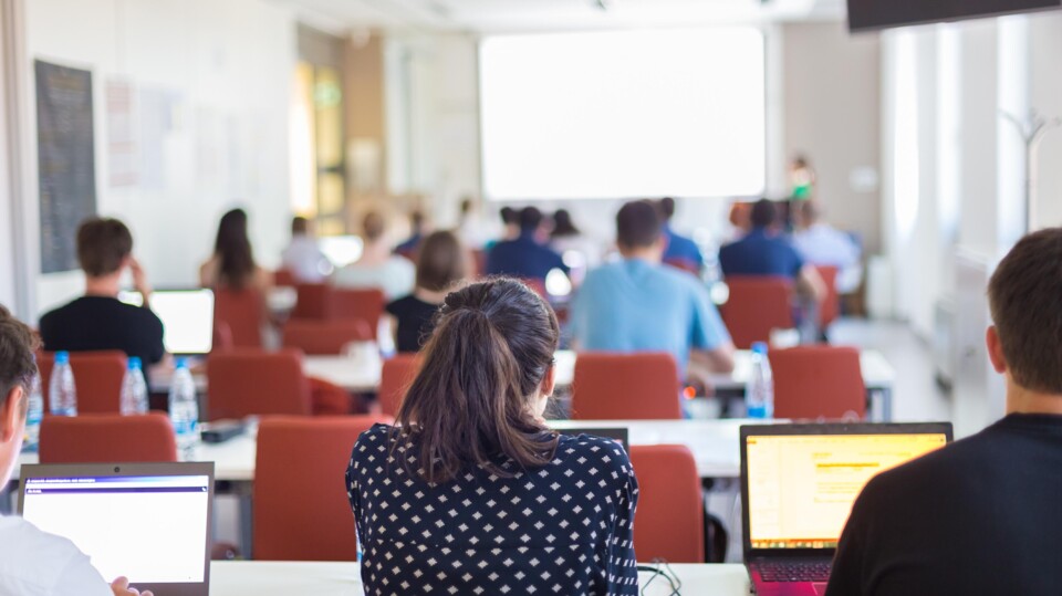 Groep mensen achter laptops krijgt training
