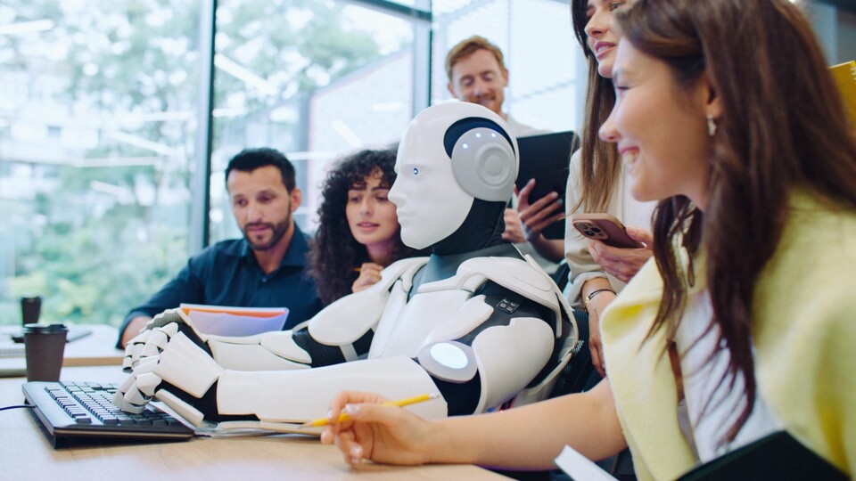 Een robot werkt met een laptop, mensen zitten er omheen.