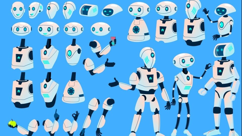 Verschillende witte en blauwe robotonderdelen en volledige robots op een blauwe achtergrond.