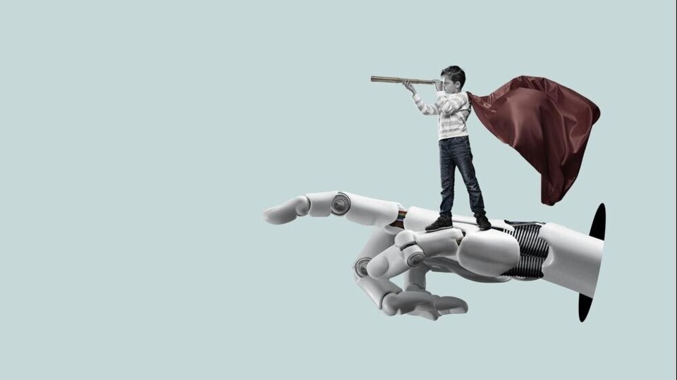 Tekening van een kind met een verrekijker, op een robothand