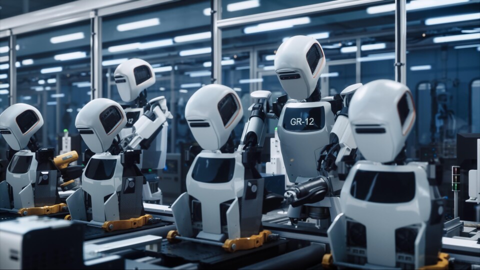 Meerdere witte humanoïde robots met zwarte schermen op een productielijn in een fabriekshal.