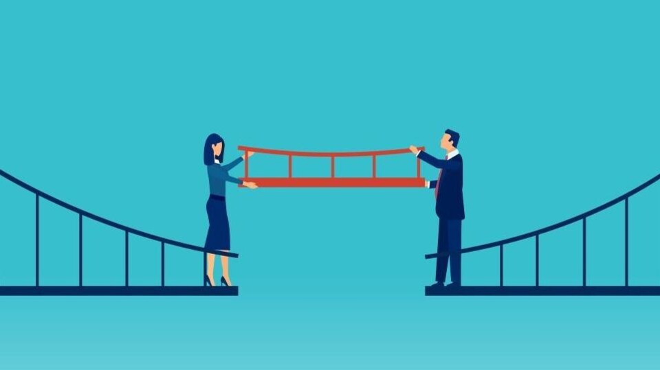 illustratie waarbij man en vrouw samen een ontbrekend stuk in de brug plaatsen