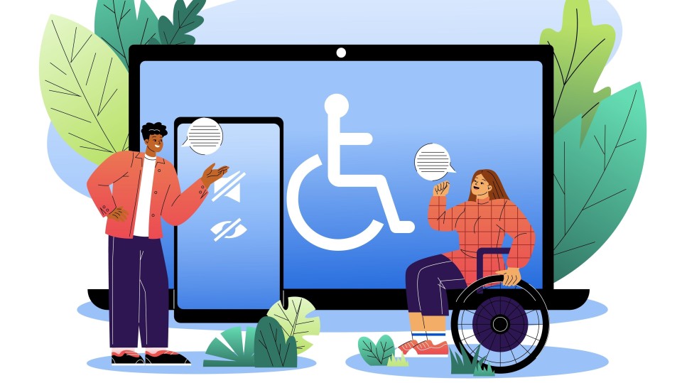 Vectorbeeld met beeldscherm en mensen met een beperking