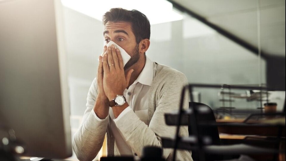 Man zit aan bureau met computer en houdt een zakdoek voor zijn neus in een kantooromgeving.