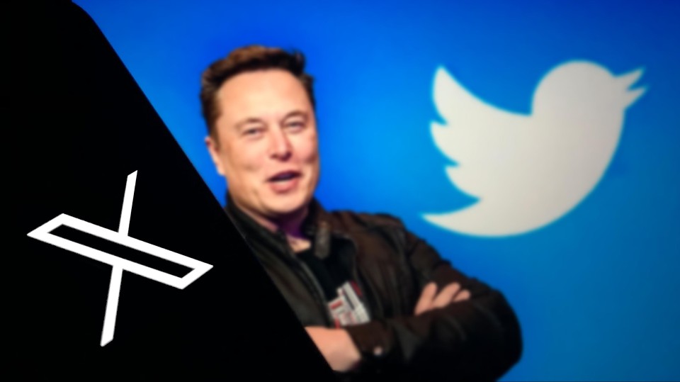 Een afbeelding met daarop de logo's van Twitter, X en een foto van Elon Musk