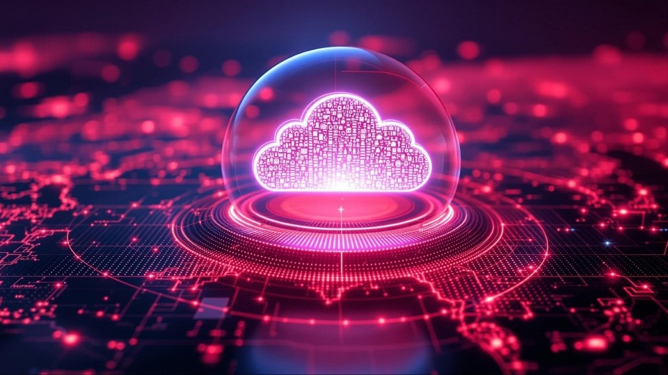 cloudsymbool onder een glazen stolp op een chipachtige ondergrond die geografische vormen suggereert