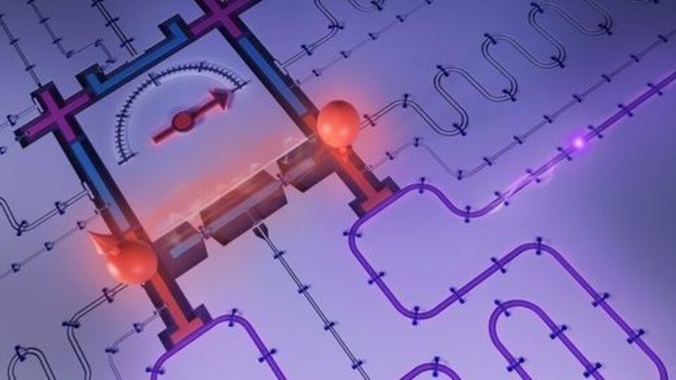 3D-weergave van een quantuminterconnect met verlichte paarsblauwe circuits en een meetinstrument met wijzer.