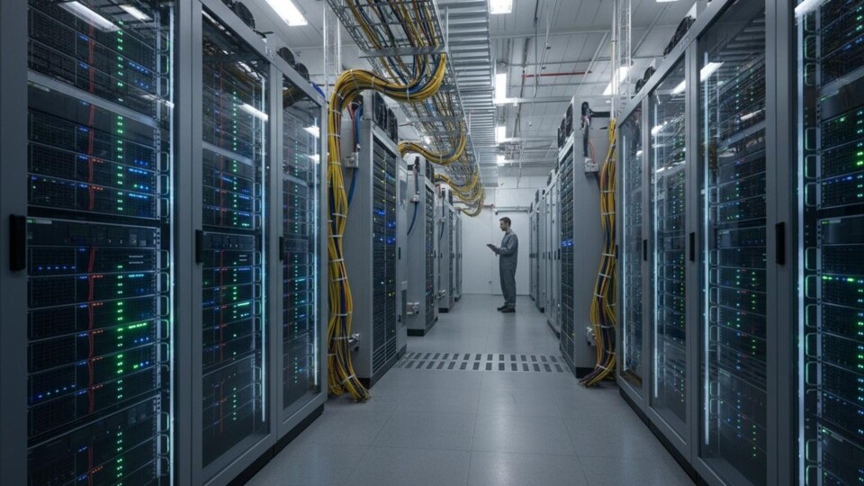 Een groot datacentrum, een man loopt door de gang.