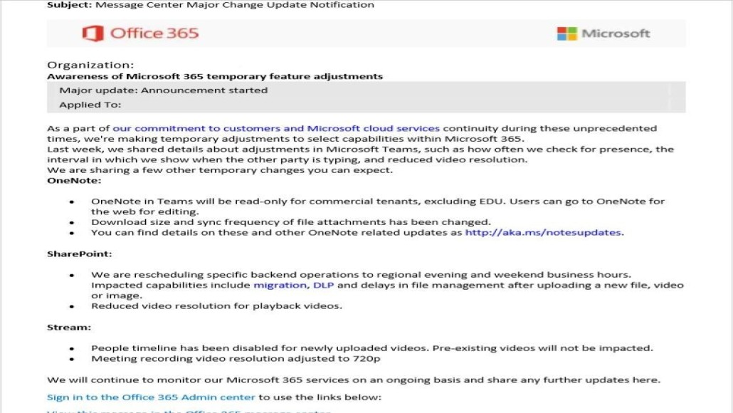 Microsoft OFFice365 waarschuwing 23-3-2020